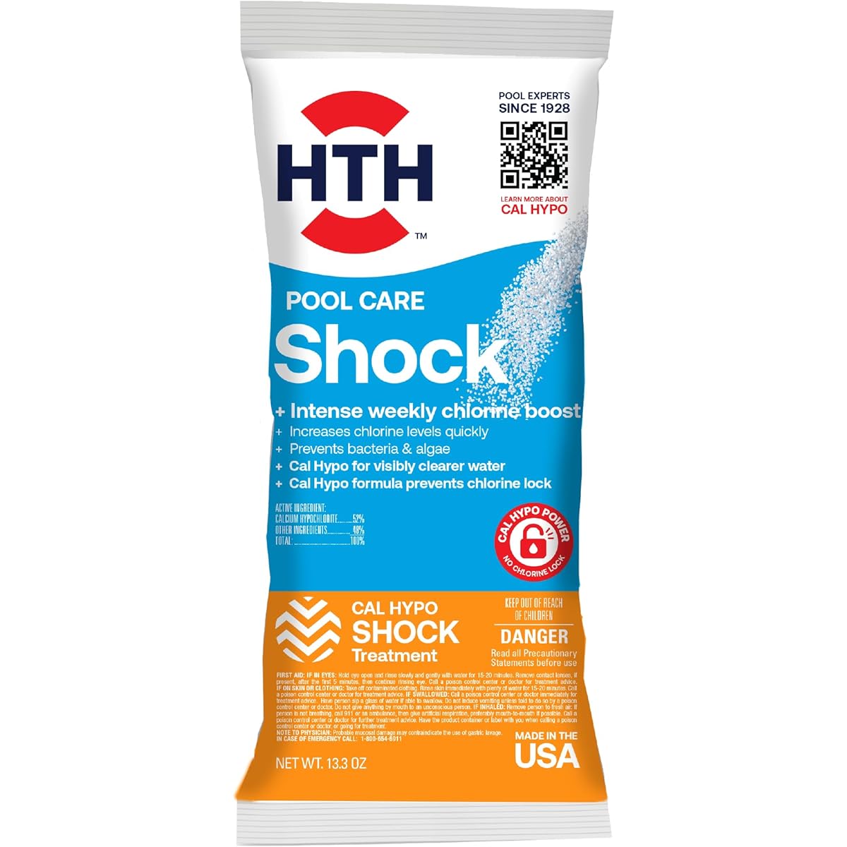HTH 52031 Swimming Pool Care Shock, Swimming Pool Chlorinator Boosts Chlorine Levels, Cal Hypo Formula, 13.3oz
