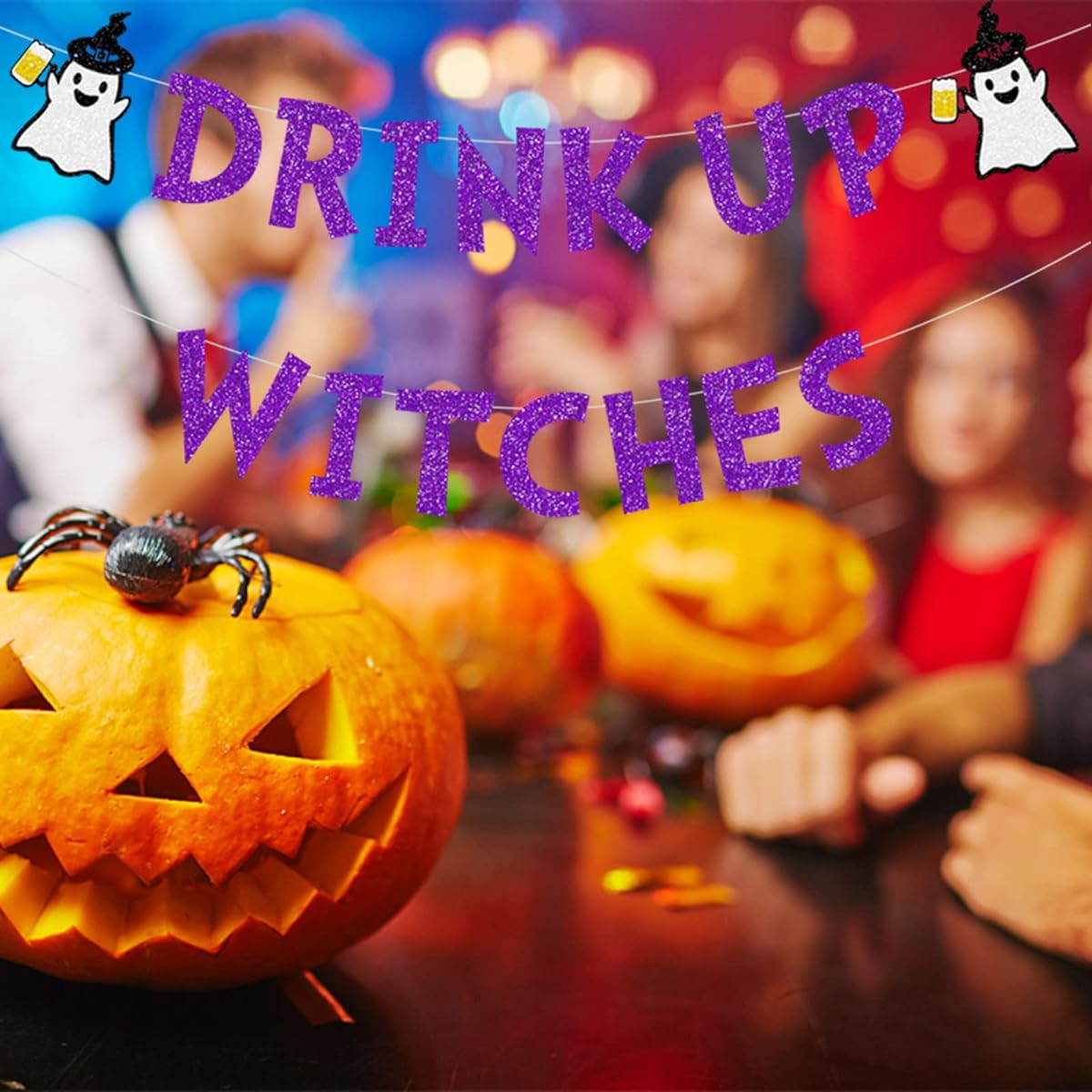Drink Up Witches Banner, Glitter Halloween Decorations Banner, Hocus Pocus Party Decorations Holiday Garland Photo Props Banner for Party Home Decorations (Purple)