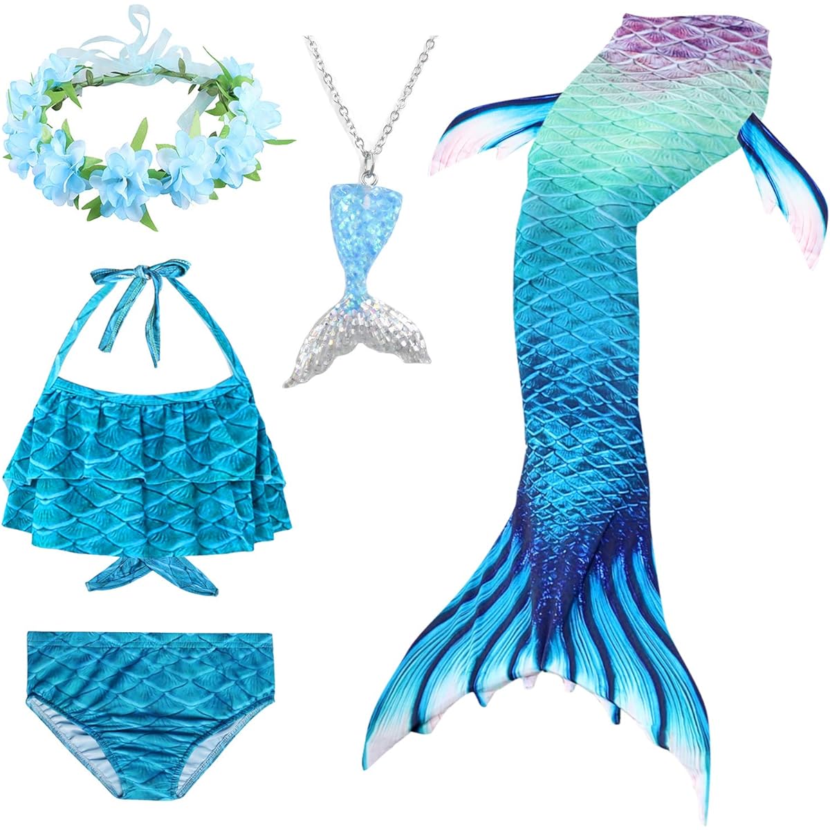 [FUAUFAS] Bxysxly 5Pcs Girls Swimsuit Mermaid Tails for Swimming Kids Bikini Costume Sets with Flower Headband (No Monofin) (GB01-B,5-6 Years)