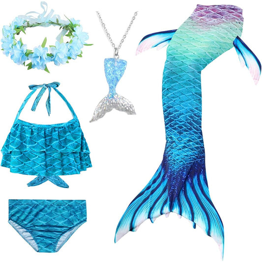 [FUAUFAS] Bxysxly 5Pcs Girls Swimsuit Mermaid Tails for Swimming Kids Bikini Costume Sets with Flower Headband (No Monofin) (GB01-B,5-6 Years)