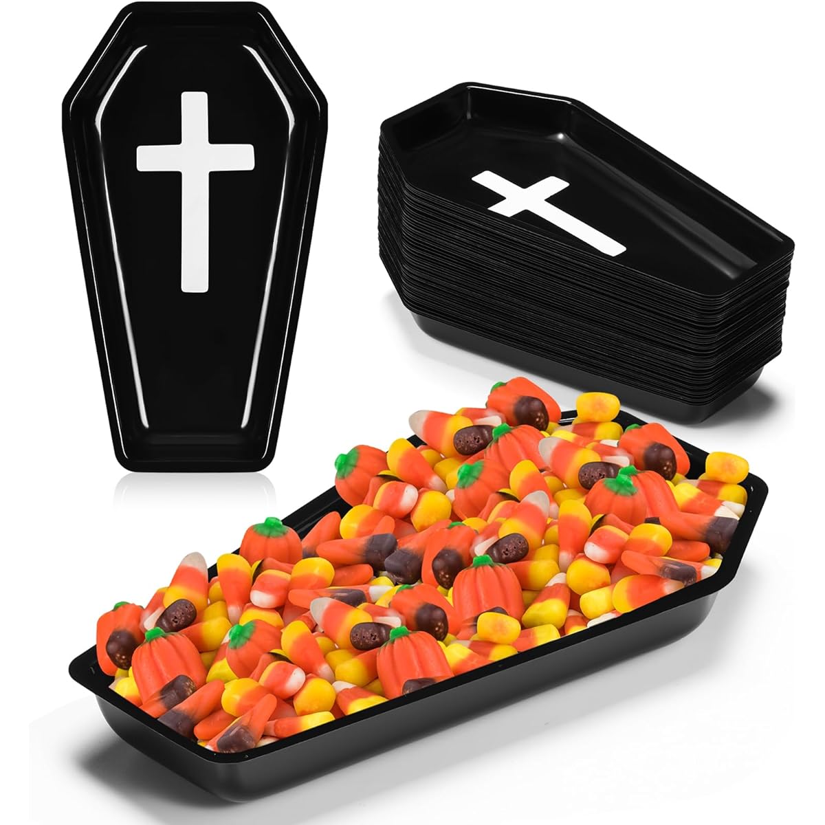 Umigy 60 Pieces Halloween Party Serving Tray Plastic Orange Pumpkin Black Cat White Ghost Bat Coffin Plates Halloween Party Tableware Party Supplies for Halloween Party (Coffin)