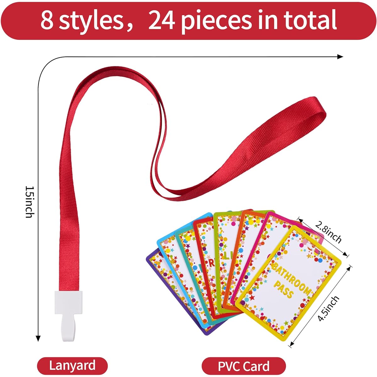 Confetti Pass Lanyards and School Passes Set of 24 Unbreakable PVC Reusable Waterproof Hall Pass Restroom Pass Bathroom Pass Nurse Pass Library Pass Office Pass Girl Pass Boy Pass Confetti