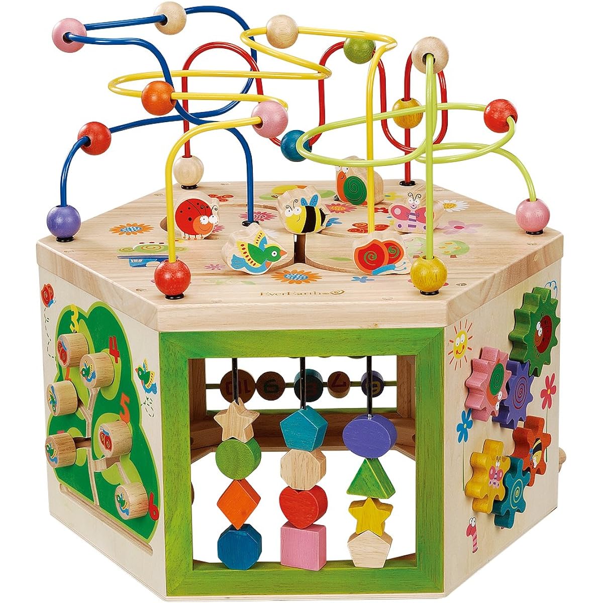 EverEarth Garden Activity Cube Wooden Shape & Color Sorter Bead Maze & Counting Baby Toy Wooden Activity Cube