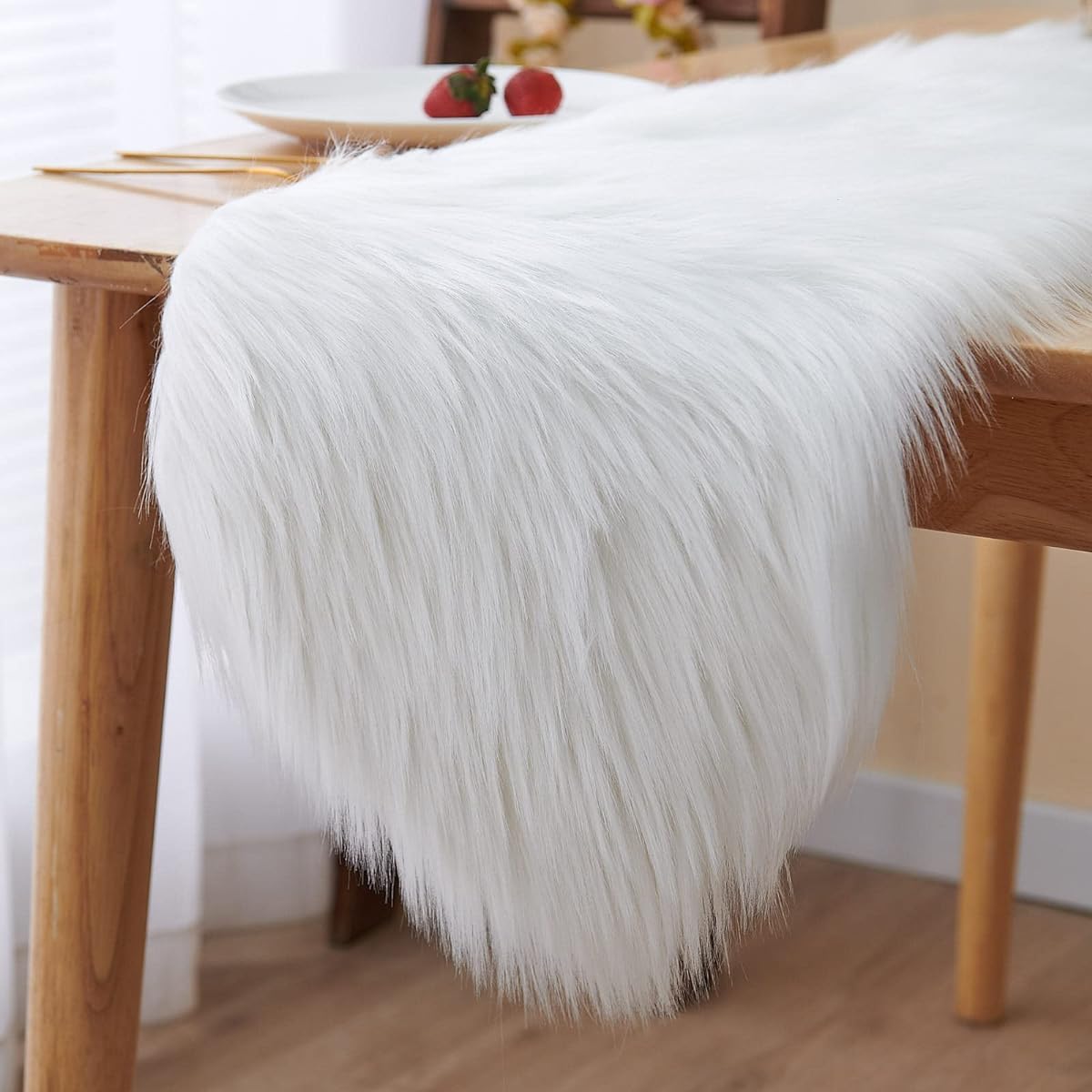 Faux Fur Christmas Table Runner Home Dining Table Decor for Holiday/Party/Christmas/Halloween/Thanksgiving/Dresser/Fireplace Decoration (White 11.8x70inch)