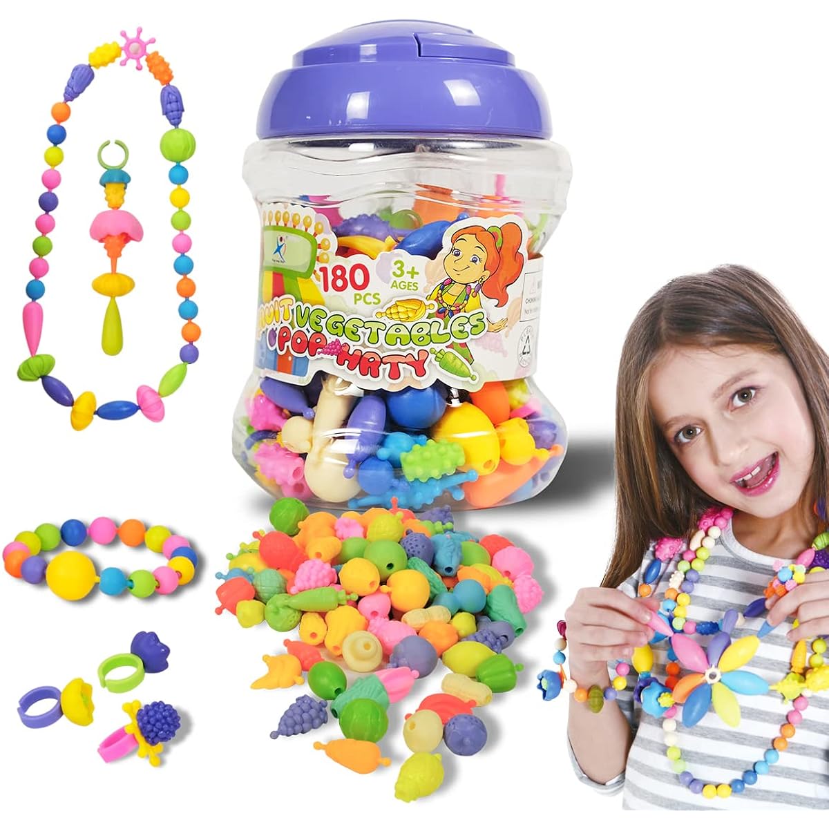 Pop Beads - Luxury Fruit & Vegetable Jewelry Making Kit 180 Pieces for Girls Ages 3-8 (Arts & Crafts Kids Toys, Party Games)