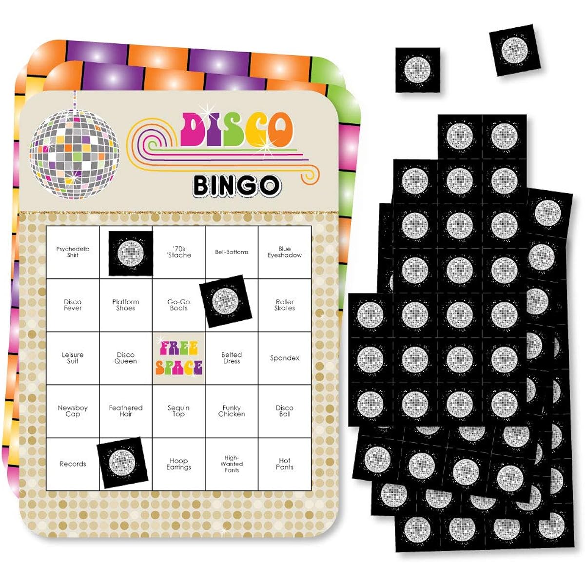 Big Dot of Happiness 70's Disco Bar Bingo Cards and Markers - 1970's Disco Fever Party Bingo Game - Set of 18