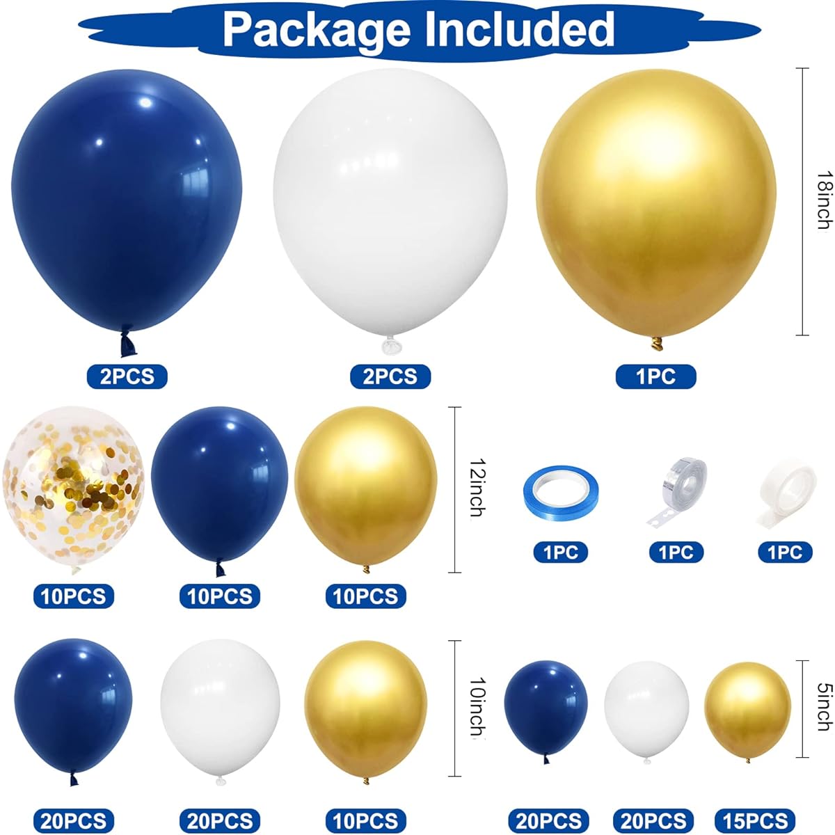 Navy Blue Gold and White Balloon Garland Arch Kit 145 Pieces 18 12 10 5 Inch Navy Blue White Metallic Gold Confetti Balloon Garland Matte Balloons for Baby Shower Birthday Graduation Wedding