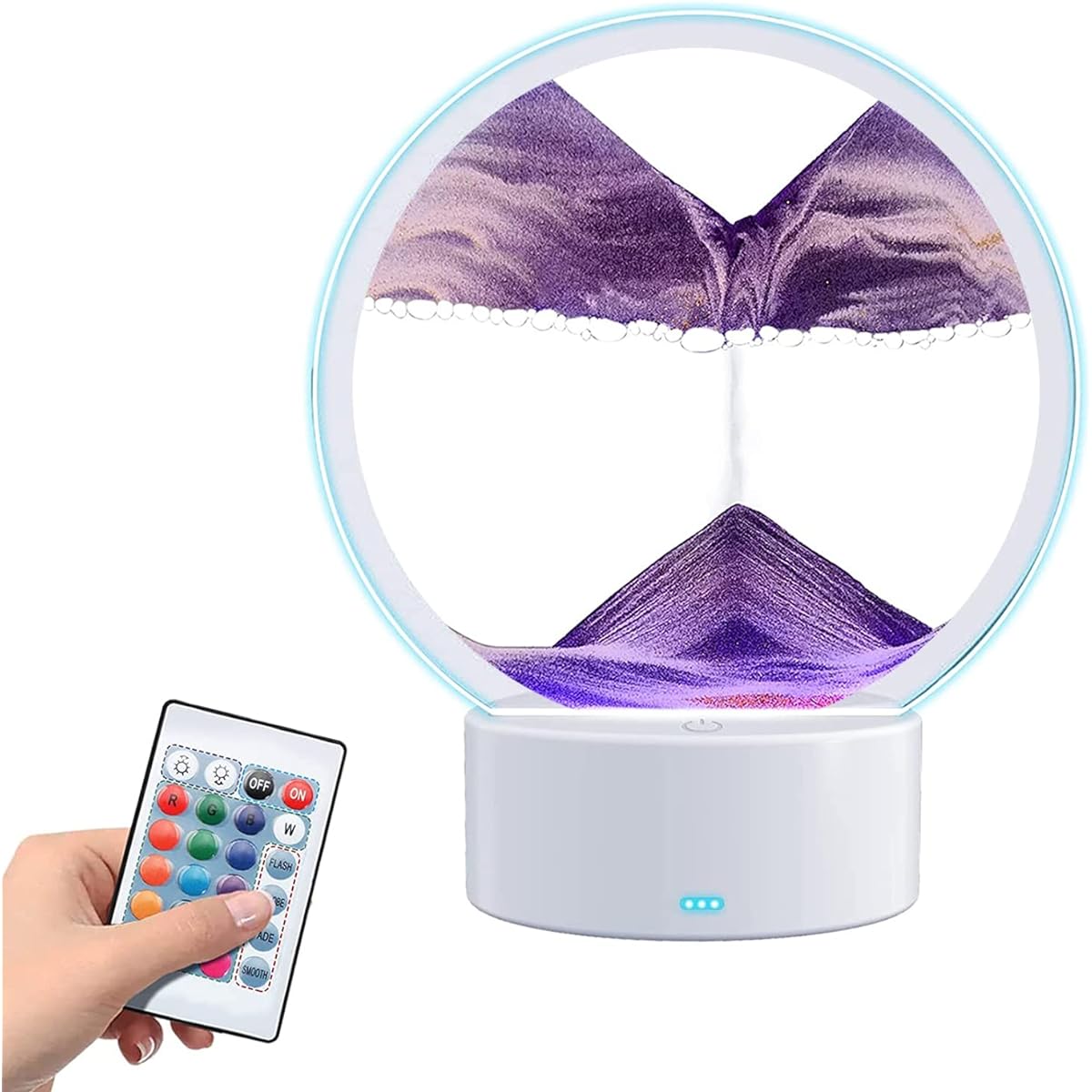 Falling Moving Sand Art Sand Landscape Ornament Kinetic Sand with LED Lights 3D Natural Landscape Round Glass Purple Sand Frame for Home Desktop Art