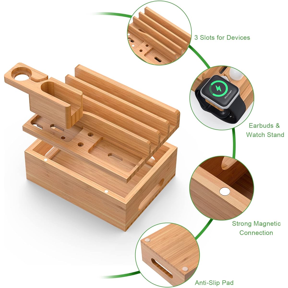 Bamboo Multifunctional Charging Station, Desk Bamboo Charging Stand, Docking Station Organizer, Compatible with Phones, Tablets, Watches, Earbuds (Includes 1 Watch and Earbuds Stand, 6 Cables, USB Charger)