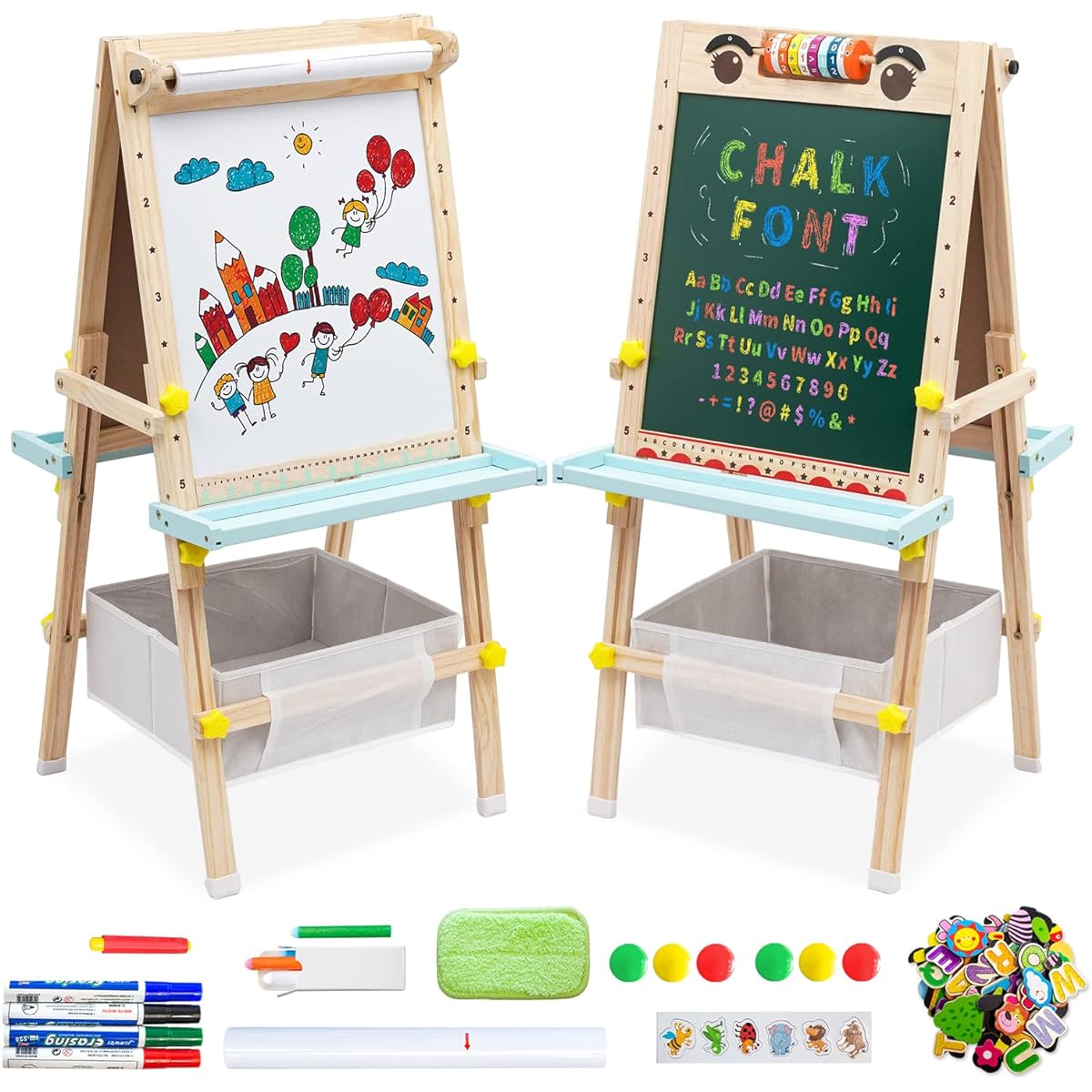 Easel for Kids Adjustable Artist Standing Painting Easel 22-44.3 Inch with Magnetic Chalkboard & Whiteboard, Chalk Cover, Dust-Free Black Eraser, Magnetic Letters