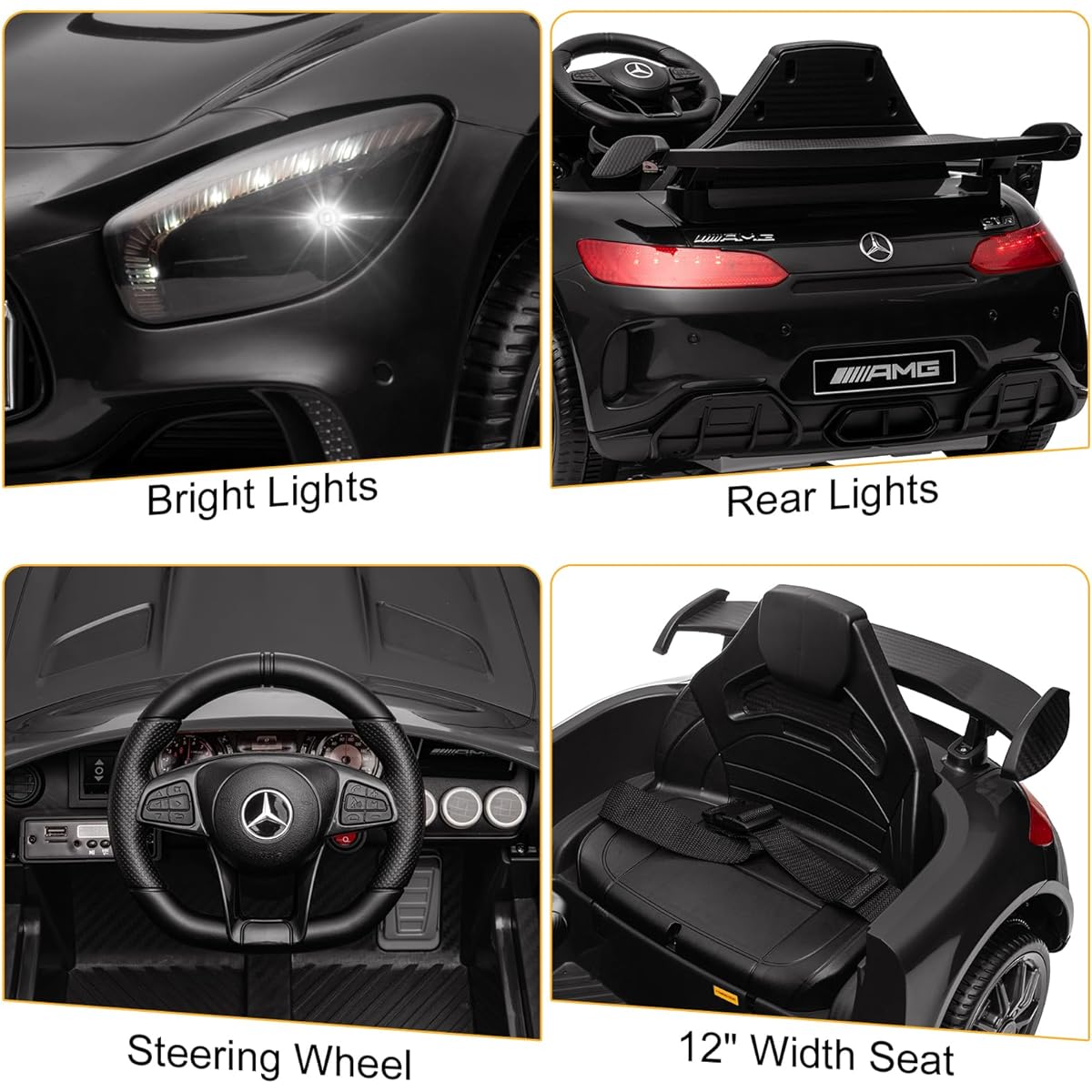 Winado 12V Ride On Car for Mercedes Benz AMG GTR Battery Powered Electric Vehicle with Parent Remote, Wide Seats, LED Lights, Open Doors, MP3 Player, Smooth Start, 3 Speeds, Black