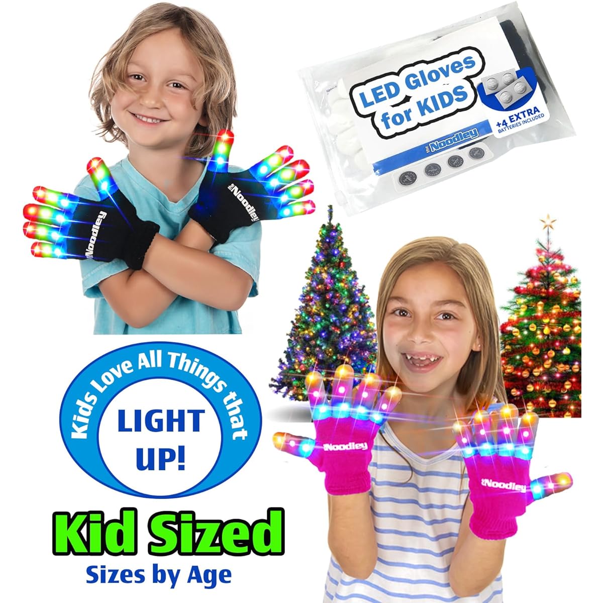 The Noodley LED Finger Light Gloves with Extra Battery, Kids and Teen Sizes, Ages 4-7 (Small, Pink)