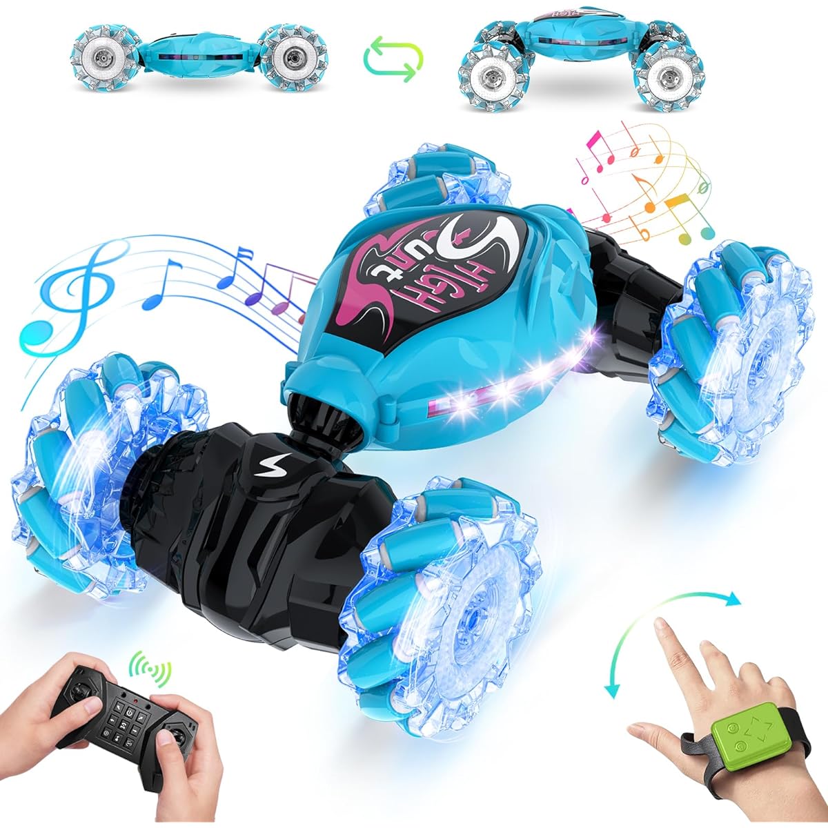 OSIMILY Remote Control Car RC Stunt Car with Lights & Music 4WD 2.4GHz Remote Control Twist Car (Blue)