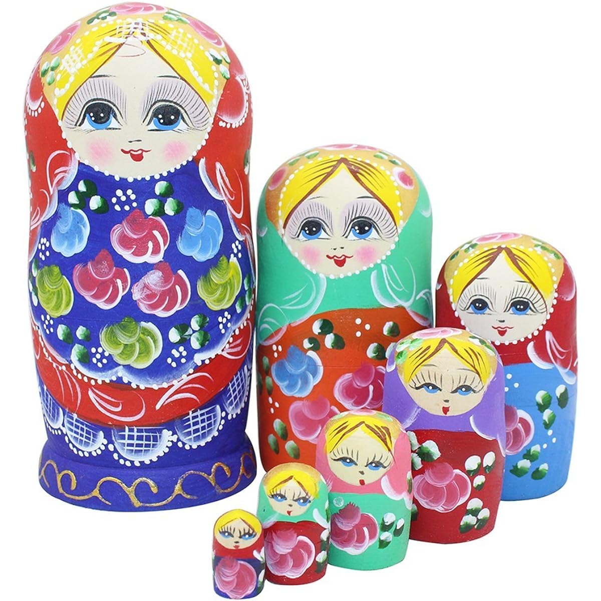 Blonde girl, red and blue body, floral pattern, colorful matryoshka doll, matryoshka, handmade, hand-painted, wooden product, set of 7, birthday present, gift, children's toy, ornament, figurine, limited time only