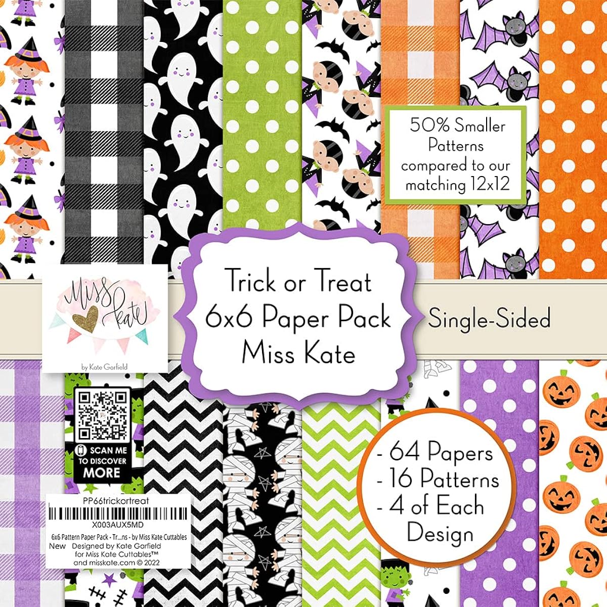Miss Kate Cuttables 6x6 Pattern Paper Pack - Trick or Treat - Premium Specialty Paper for Halloween Scrapbooking, Single Sided, 6"x6" Collection of 64 Sheets - 50% Smaller Patterns -
