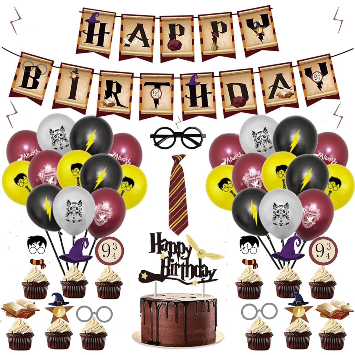 Wizard Birthday Decorations Wizard Glasses Happy Birthday Balloon Banner Cupcake Toppers Tattoo Wizard Tie and Balloons Wizard Birthday Party Decorations