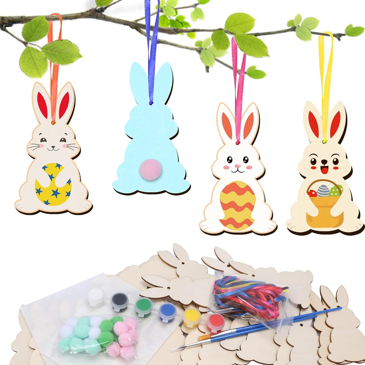 CINAFOOK 24 Pack Wooden Easter Bunny Crafts for Kids, Easter Rabbit Hanging Ornaments DIY Easter Arts & Crafts for Girls and Boys Art Projects, Easter Gifts, Party Decorations