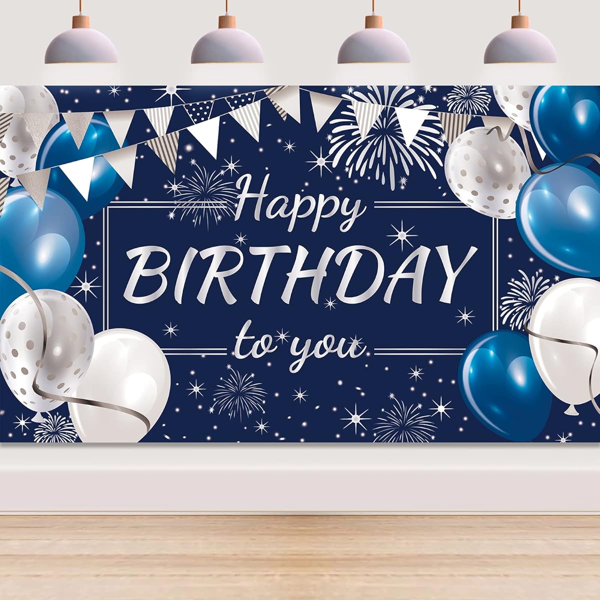 Happy Birthday Decoration Backdrop Banner Birthday Party Decoration Sign Photo Backdrop for Boys Girls Men Women Party Supplies 72.8 x 43.3 inches (Navy Blue and Silver)