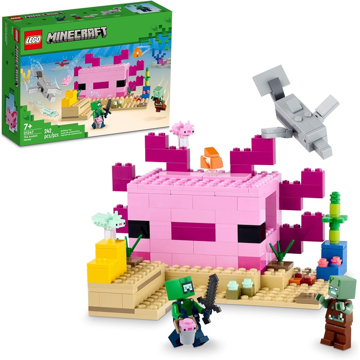 LEGO Minecraft Axolotl House 21247 Building Toy Set - Creative Adventures in a Colorful Underwater Base - Includes Diver Explorer, Dolphin, Drowner and More - Minecraft Toys for Kids Ages 7