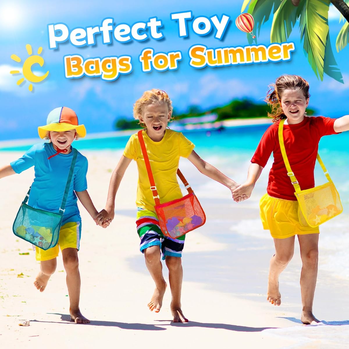 Mesh bag for storing beach shells, beach toys and sand toys.