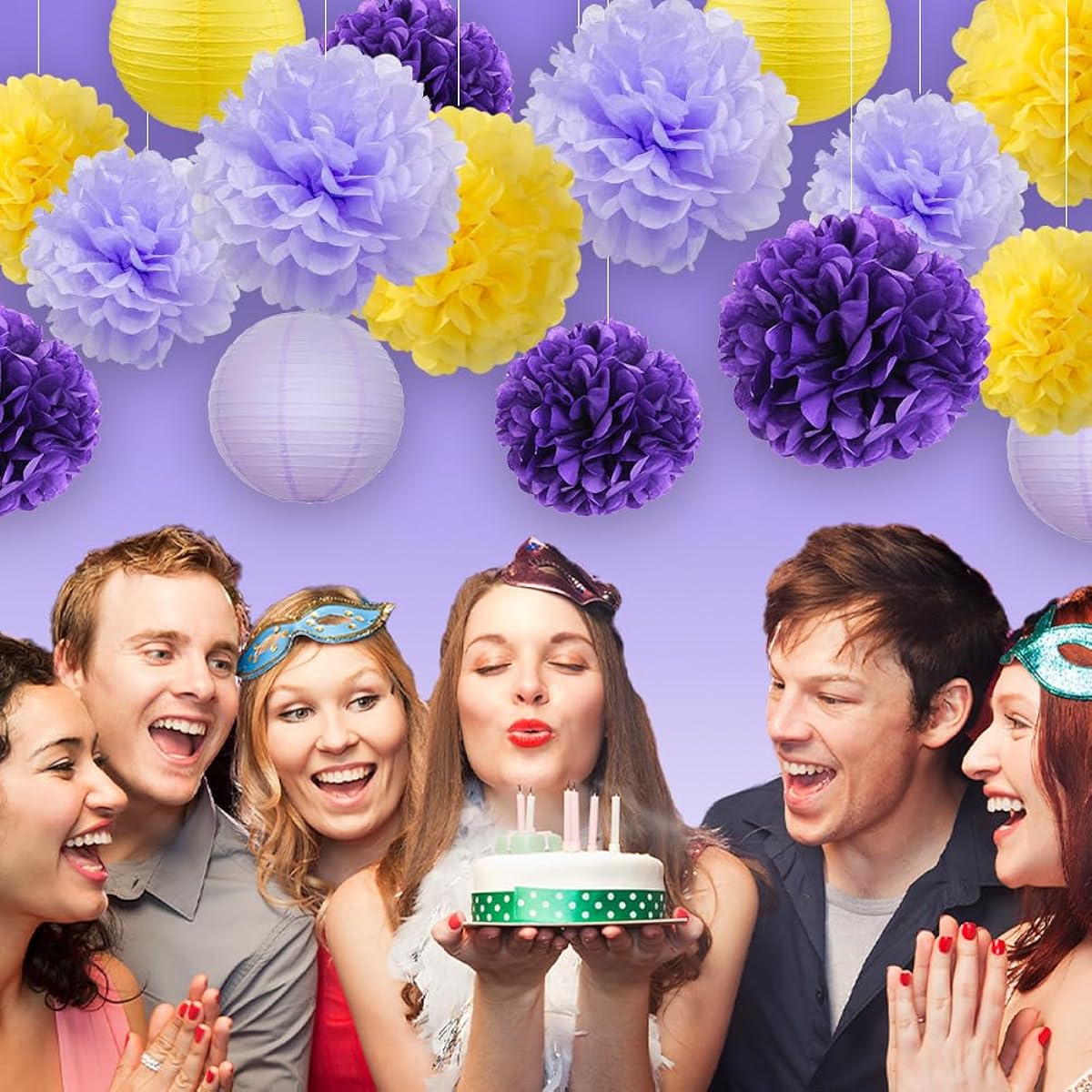 HappyField Butterfly Party Decorations 2023 Graduation Party Decorations Bridal Shower Decorations Baby Shower Decorations Purple Lavender Yellow Tissue Pom Poms Paper Lantern Birthday Decorations