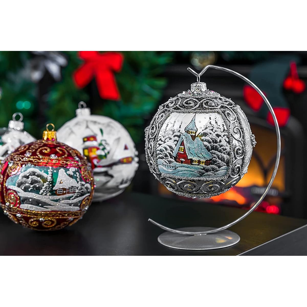 Polish Gallery Christmas Ornament Winter Charm View with Poinsettia Blown Glass Ball (150mm / 6inch, Silver)