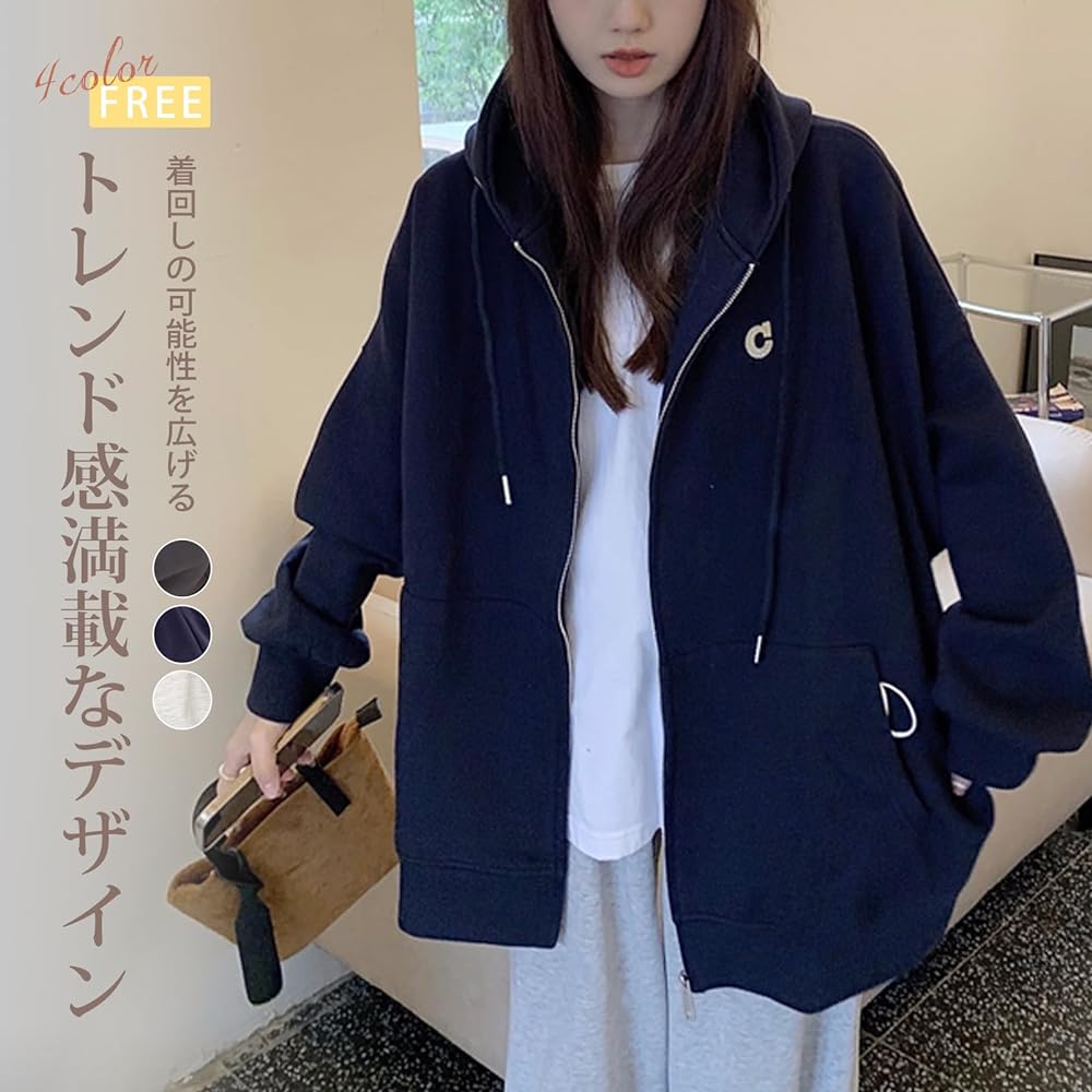 [Vincent house] Women's Parka, Tops, Outerwear, Zip Parka, Large Size, Loose, Hooded, Spring, Autumn, Winter, Stylish