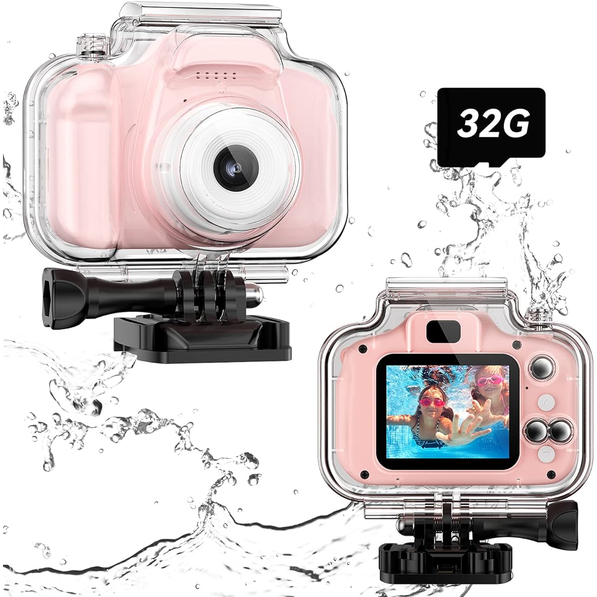 Waterproof Camera Toy for Kids, 3-12 Birthday, Kids Underwater Sports Video Camera HD, Digital Action Camera for Toddlers, 2" Screen, 32GB Card Included