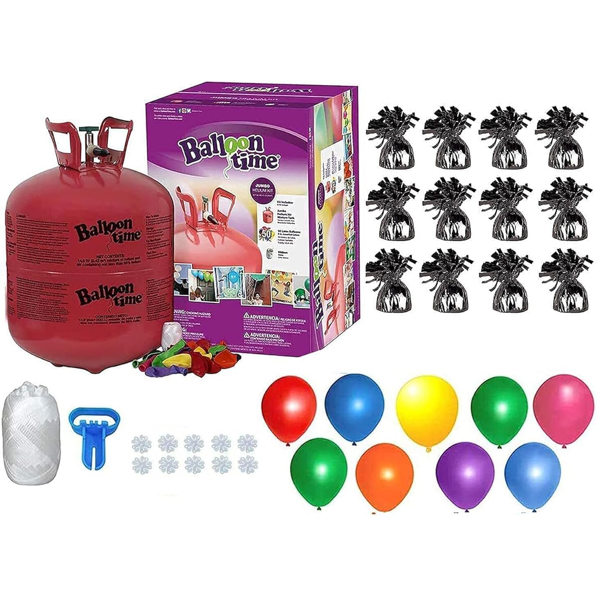 Helium Tank 50 Balloons and White Ribbon + 12 Black Balloon Weights + Balloon Tying Tool