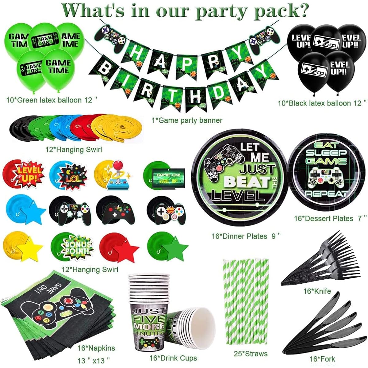 TMCCE Video Game Party Supplies Gaming Party Decorations for Boys Paper Plates Cups Napkins Straws Hanging Swirls Balloons Happy Birthday Banner for Boys Gamer Birthday Party Decorations 178pcs