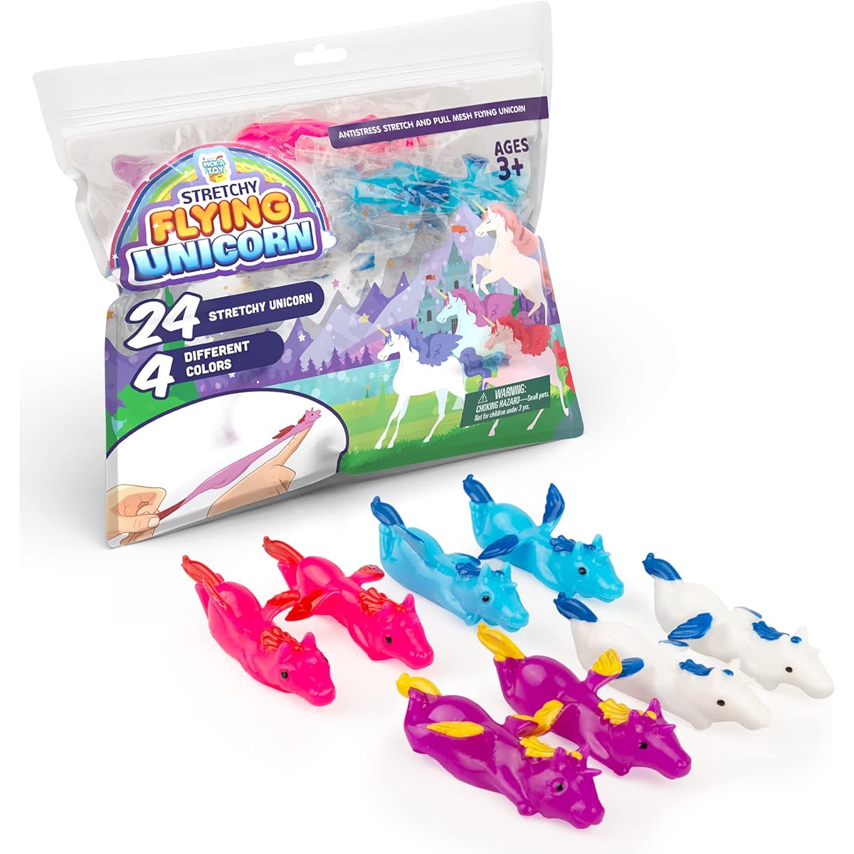 PICK A TOY Mini Flying Unicorn Toys for Girls and Boys, 24 Pieces Rubber Animals Finger Flickers Stretchy Squishy for Kids, Fun Birthday Goodie Bags, Party Favors, Classroom Treasure Chest