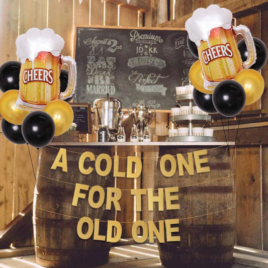A Cold One for The Old One Banner Beer Theme Party Decorations for Men 30 Years 40 Years 50 Years 60 Years Birthday Decorations Black Gold Funny Birthday Party Banner Decoration Beer Mug Balloon