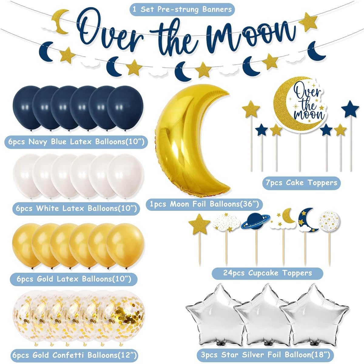 Sinasasspel Over the Moon Baby Shower Decorations Space Party Banner Moon Star Cake Cupcake Toppers Navy Blue Gold Balloons Twinkle Twinkle Little Star Outer Space First Birthday Supplies
