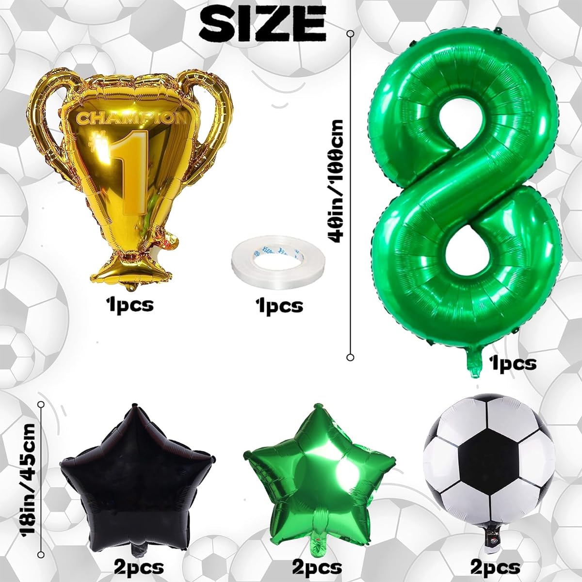 Soccer Balloons 8th Birthday Decorations for Boys Kids Soccer Birthday Party Supplies with Championship Trophy Balloons World Cup Party Decorations Balloons Foil Black Green Sports Theme Party Decor