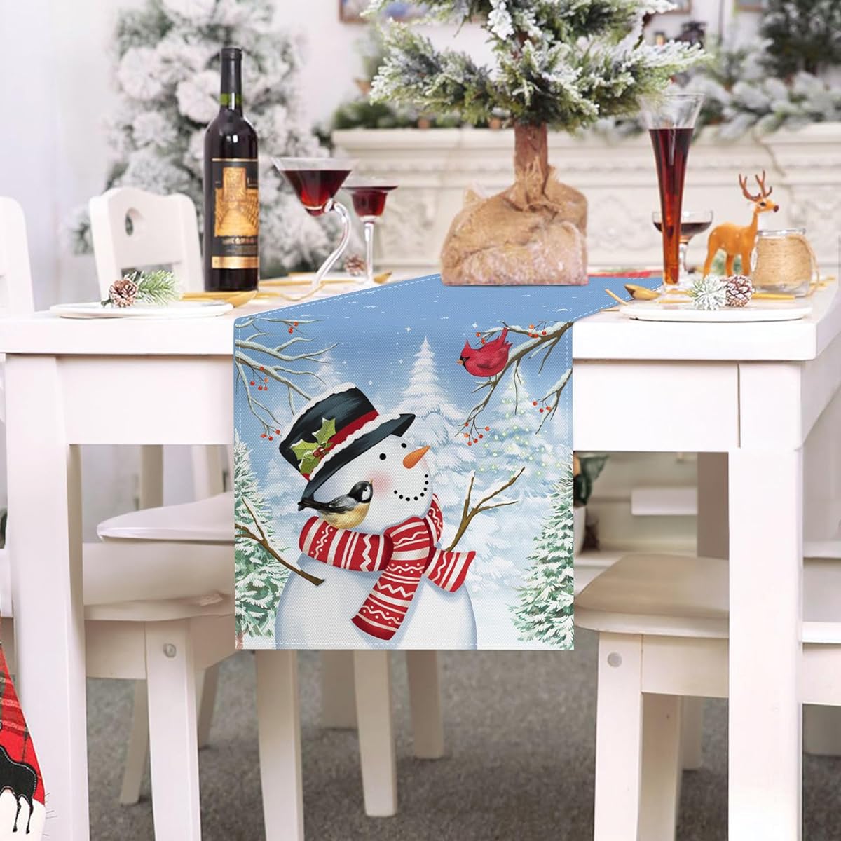 Bonhause Christmas Winter Snowman Table Runner 13x90 Inch Snowy Pine Trees Blue Winter Holiday Kitchen Dining Table Decor Indoor Outdoor Home Party Decor
