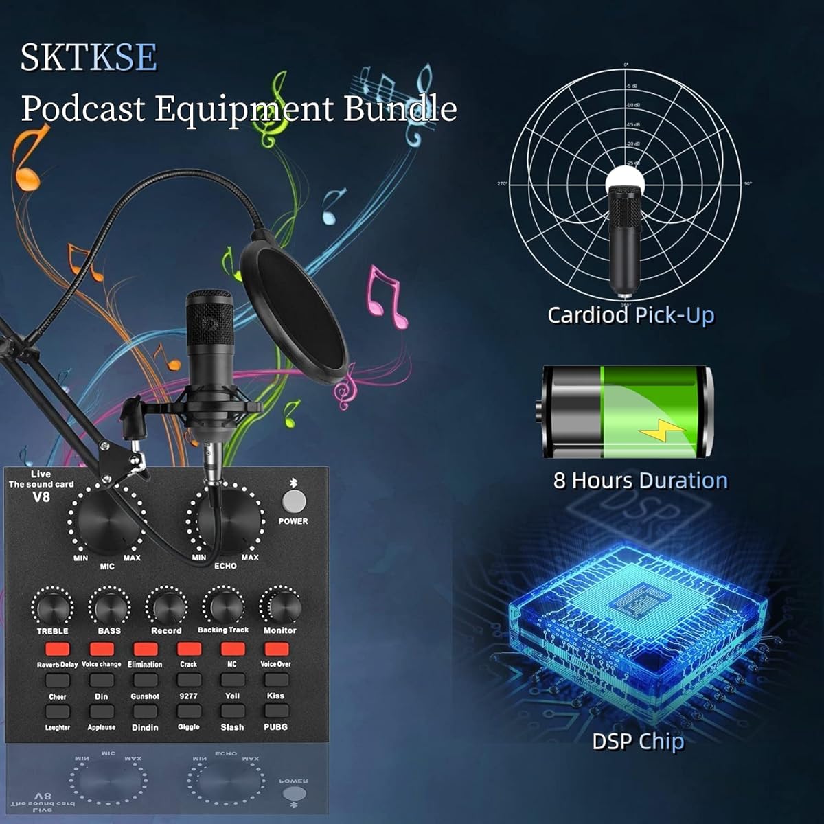 SKTEET Podcast Equipment Set with BM800 Podcast Microphone and V8 Sound Card Voice Changer - Audio Interface - Perfect for Recording, Singing, Streaming and Gaming (V8-Black)