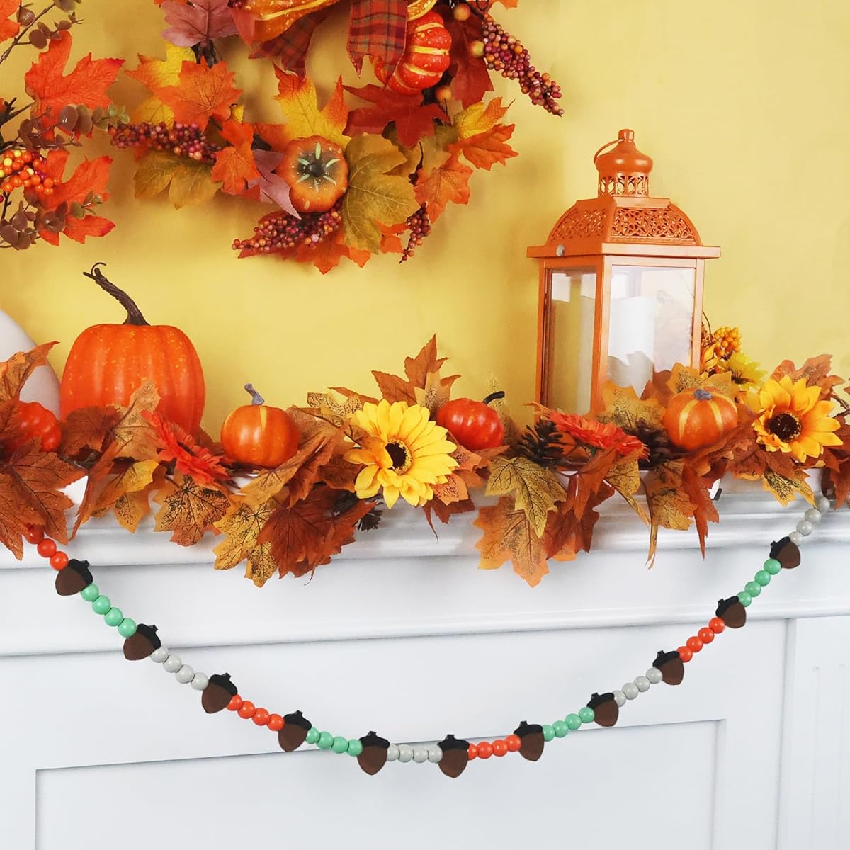 NEEDOMO Thanksgiving Decorations for Home 46 Inch Farmhouse Wooden Bead Garland with Tassel and Hazelnut Thanksgiving Decor Rustic Boho Decoration for Tiered Tray/Coffee Table/Wall/Basket
