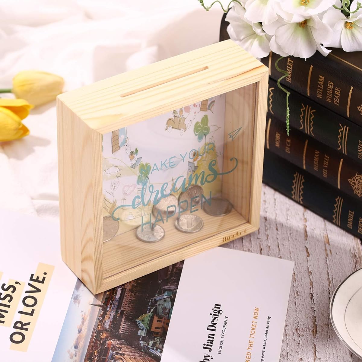Piggy Bank for Adults Decorative Shadow Box Wood Framed Money Box Size 6.5x6.5x2.2 Inches Natural Wood Piggy Bank Printed on Plexiglas Front Make Your Dreams Come True