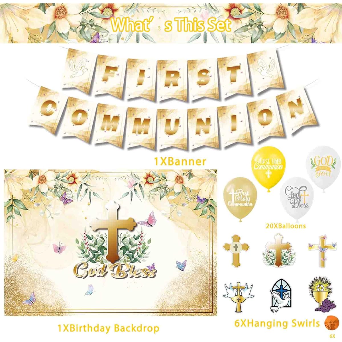 IRCOR First Communion Decoration Baptism Decoration with Banner Balloon Background & Hanging Swirls