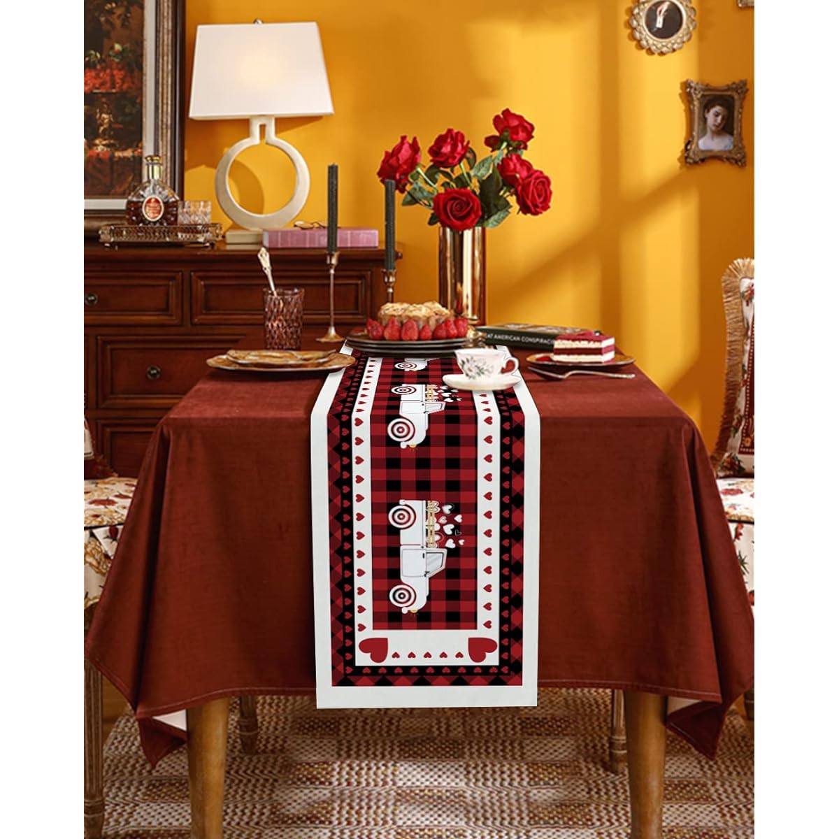 EZON-CH Burlap Table Runner Decorative Valentine's Day Love Truck Red Plaid Table Runner Rectangle Non-Slip Farmhouse Wedding Party Holiday Dinner Home 13" x 70" Long