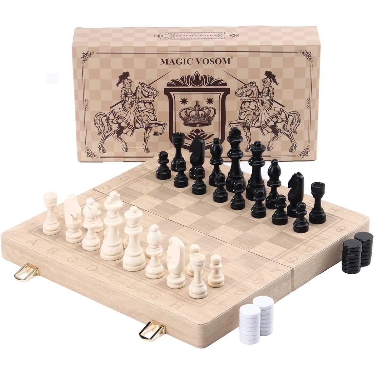 Magic Vosom 15" Wooden Chess & Checkers Set, 2-in-1 Folding Board, Purely Handmade Portable Travel Chess Board Game Set with Game Pieces Storage Slots, Beginner Chess Set for Kids and Adults