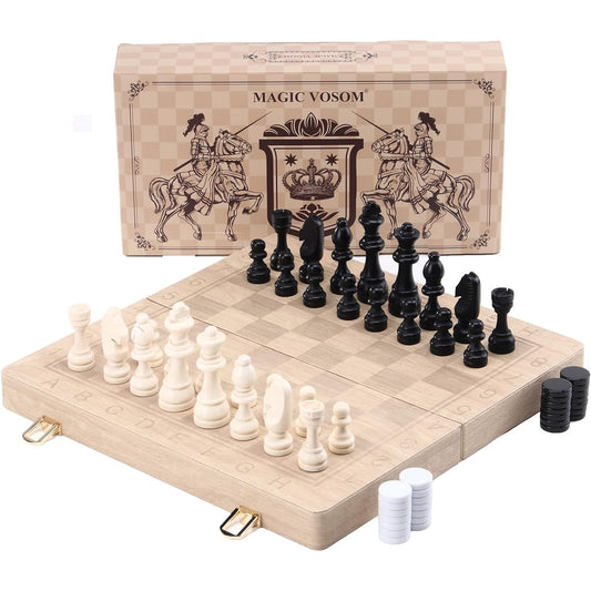 Magic Vosom 15" Wooden Chess & Checkers Set, 2-in-1 Folding Board, Purely Handmade Portable Travel Chess Board Game Set with Game Pieces Storage Slots, Beginner Chess Set for Kids and Adults