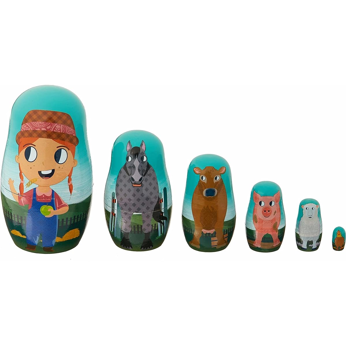 Barnyard Nesting Dolls - Stackable Wooden Outdoor Farmhouse Animal Dolls - Small Cute Kids Toys for Early Work and Nature Learning - Includes Farmer, Horse, Cow, Pig, Sheep, Chicken