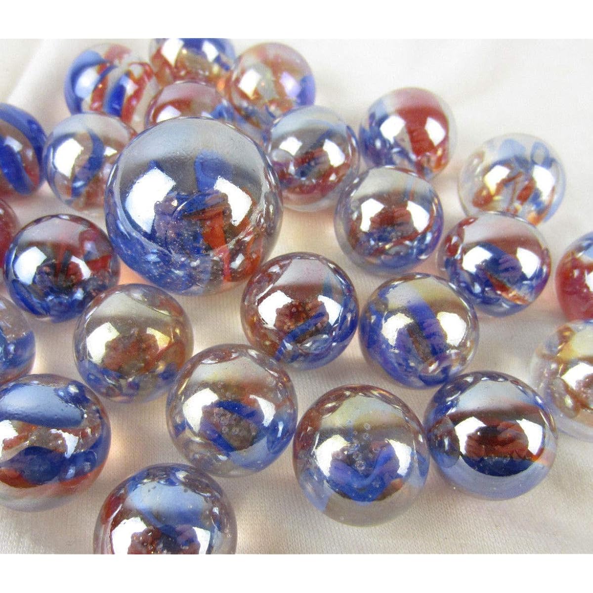 Big Game Toys~ Glass Marbles Sunrise Iridescent Clear/Blue/Red Swirl Classic Style Game Pack (24 Player, 1 Shooter) Decor/Vase Filler/Aquarium