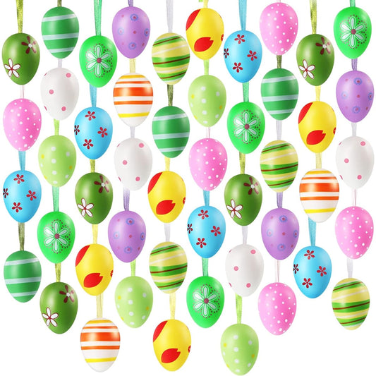 48 Pieces Easter Egg Hanging Ornaments, Easter Plastic Ornaments, Colorful Eggs, Easter Decorations, Stripes, Dots, Flower Style, Mini Tree Ornaments, Decorative Tree Ornaments for Holiday, Easter, Spring