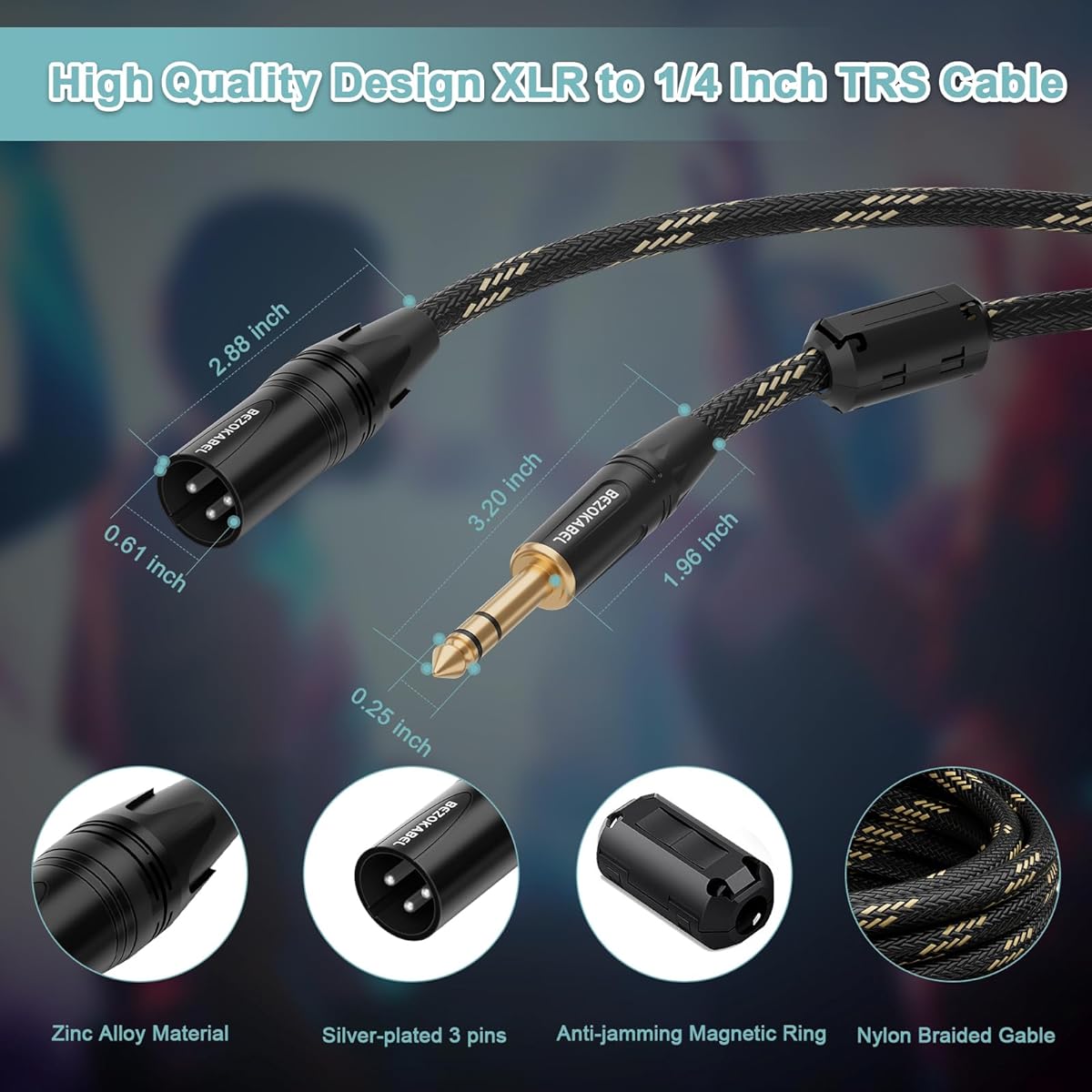 BEZOKABEL XLR - 1/4" (6.35mm) XLR Male to 1/4 Male 10ft 2 Pack TRS to XLR Cable 1/4" to XLR Microphone Cable Nylon Braid