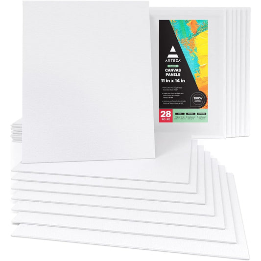 Arteza 11x14 Inch White Blank Canvas Panel Boards 28 Pack Primed 100% Cotton Acrylic Painting Oil Painting Wet Art Media Canvas Canvas for Professional Artists, Hobbyist Painters and Beginners