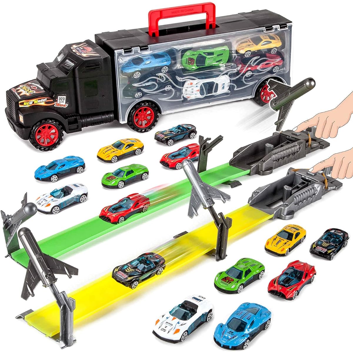 Abincee Toddler Toys for 3-5 Year Old Boys - Toy Truck Carrier with 12 Diecast Cars and 2 Race Tracks - Gifts for 3, 4, 5, 6, 7 Year Olds