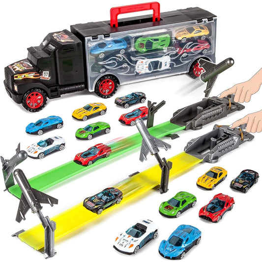 Abincee Toddler Toys for 3-5 Year Old Boys - Toy Truck Carrier with 12 Diecast Cars and 2 Race Tracks - Gifts for 3, 4, 5, 6, 7 Year Olds