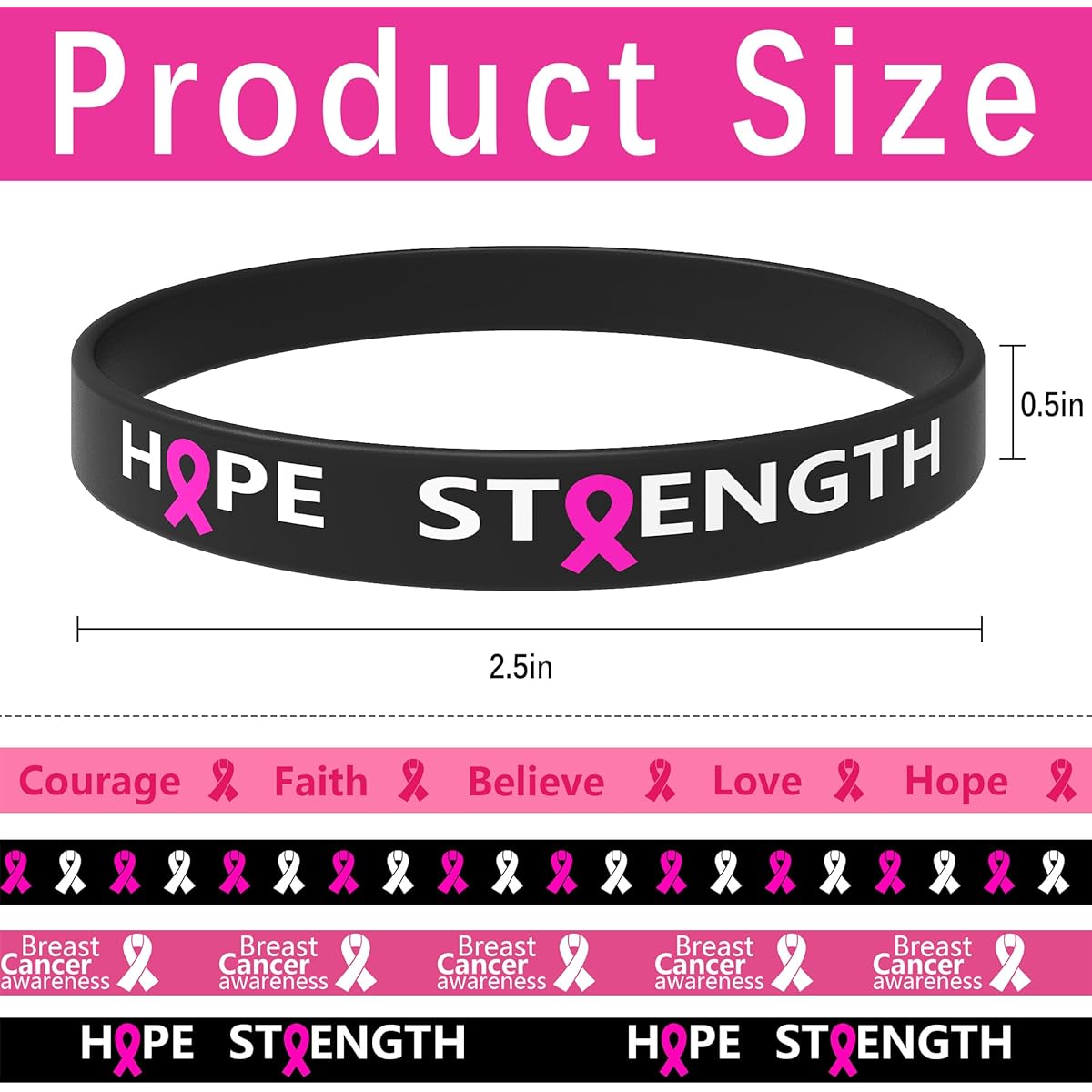 Wehhbtye 60pcs Breast Cancer Awareness Silicone Wristbands - Uniribbon Breast Cancer Awareness Bracelets in 4 Designs - Hope, Faith, Strength, Courage, Inspiration Wristbands Party Supplies